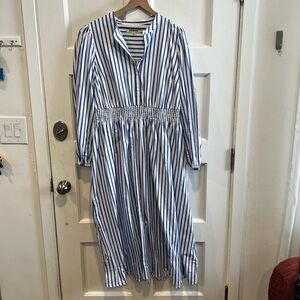 Boden women's ivory and blue stripe smocked waist shirt dress - US 16-18R
